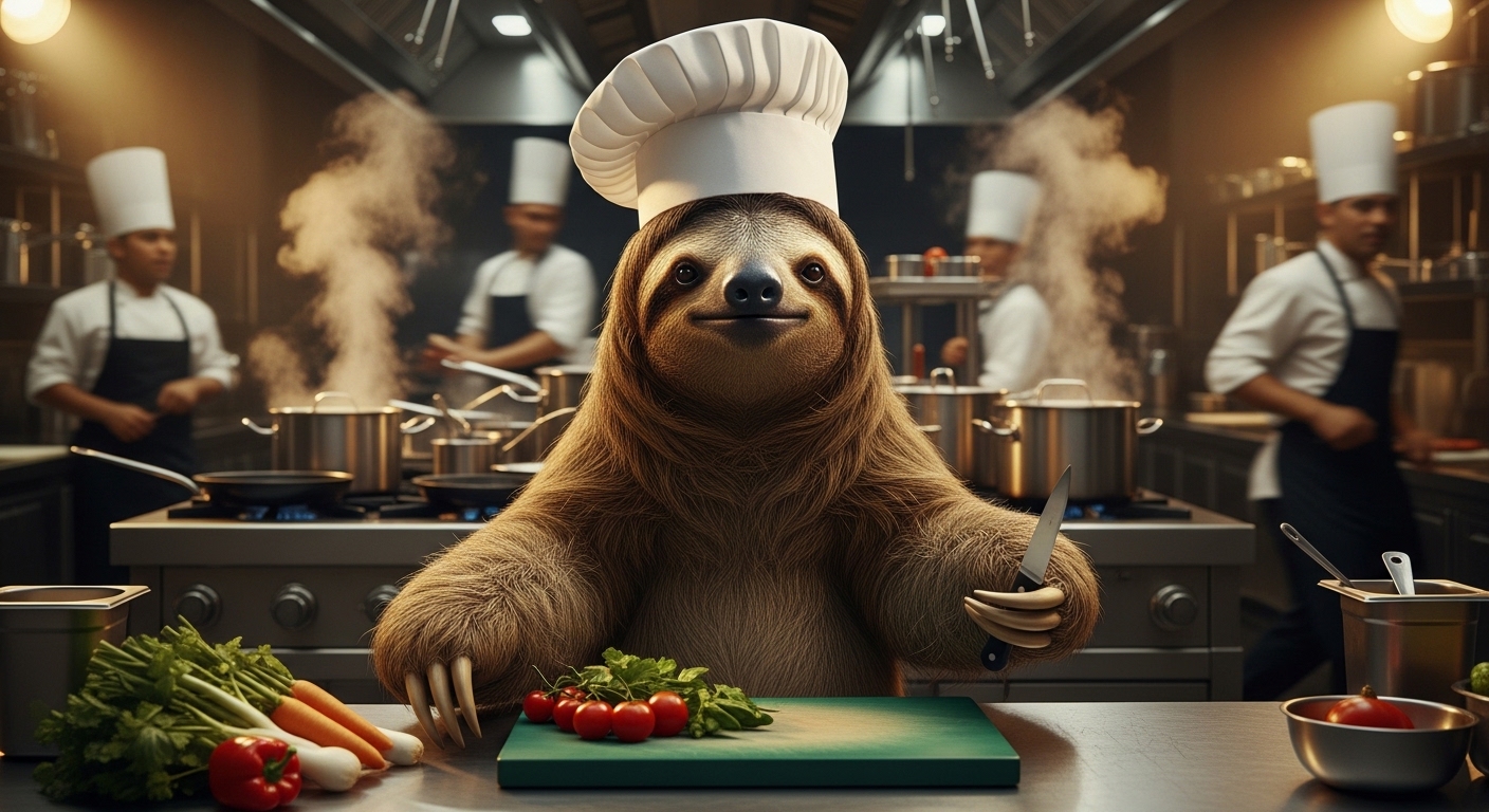 A cinematic rendering of a Hapalops ground sloth in a modern restaurant kitchen